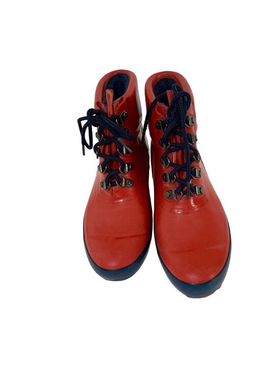 Vintage Lands End Womens Size 7 Red Blue Rain Boot Rainboots Ankle Lace Tie Up - Picture 2 of 6